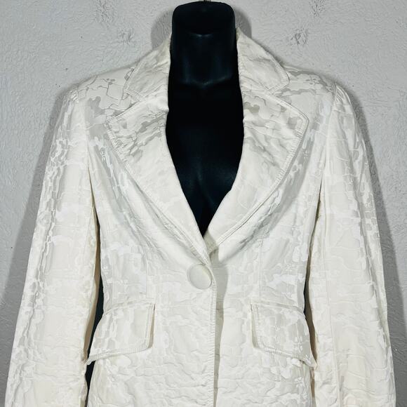 SoCa x St. John Embossed Blazer Jacket Single Button Snap Front Ivory Collar - 2 - Picture 3 of 7
